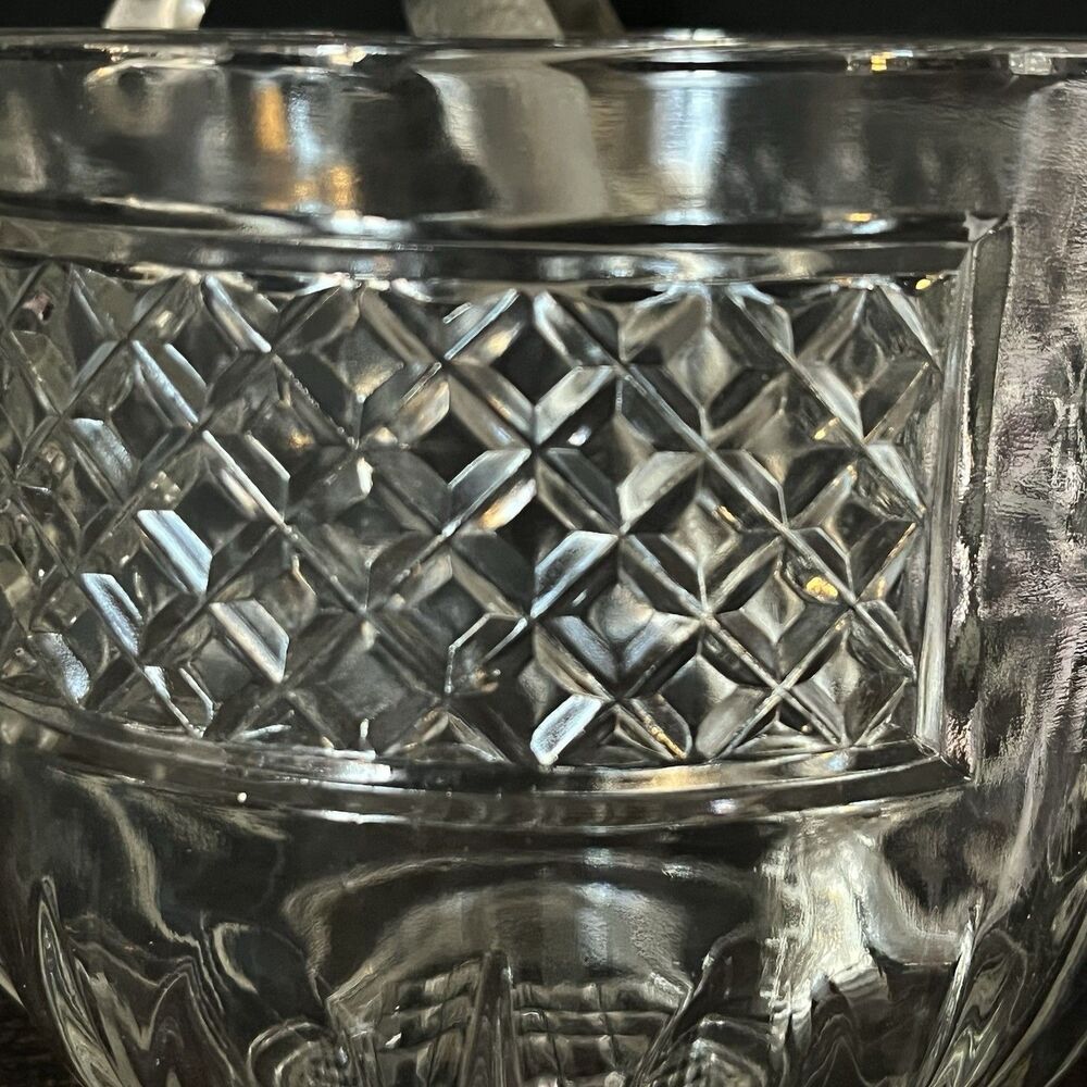 Glass Ice Bucket Diamond Pattern Pressed Hammered Handle & Embossed Tongs - Picture 3 of 6
